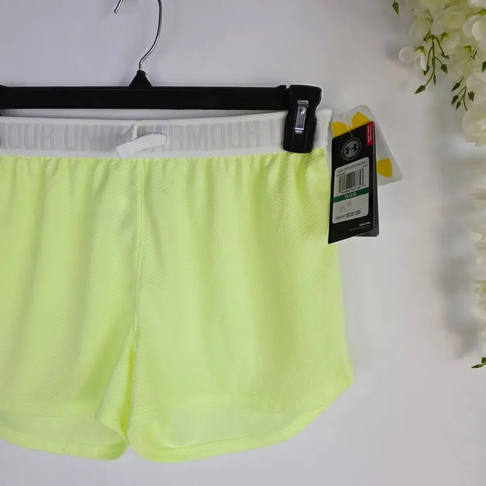 New Under Armour Girls Shorts YLG Yellow Loose Fit HeatGear Drawstring Athletic